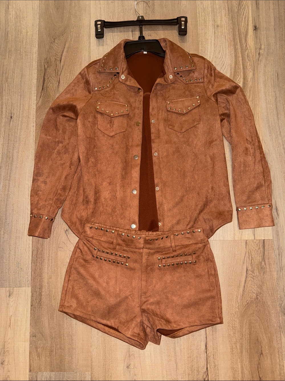 Studded Faux Suede Jean Jacket and Short Set in Brown